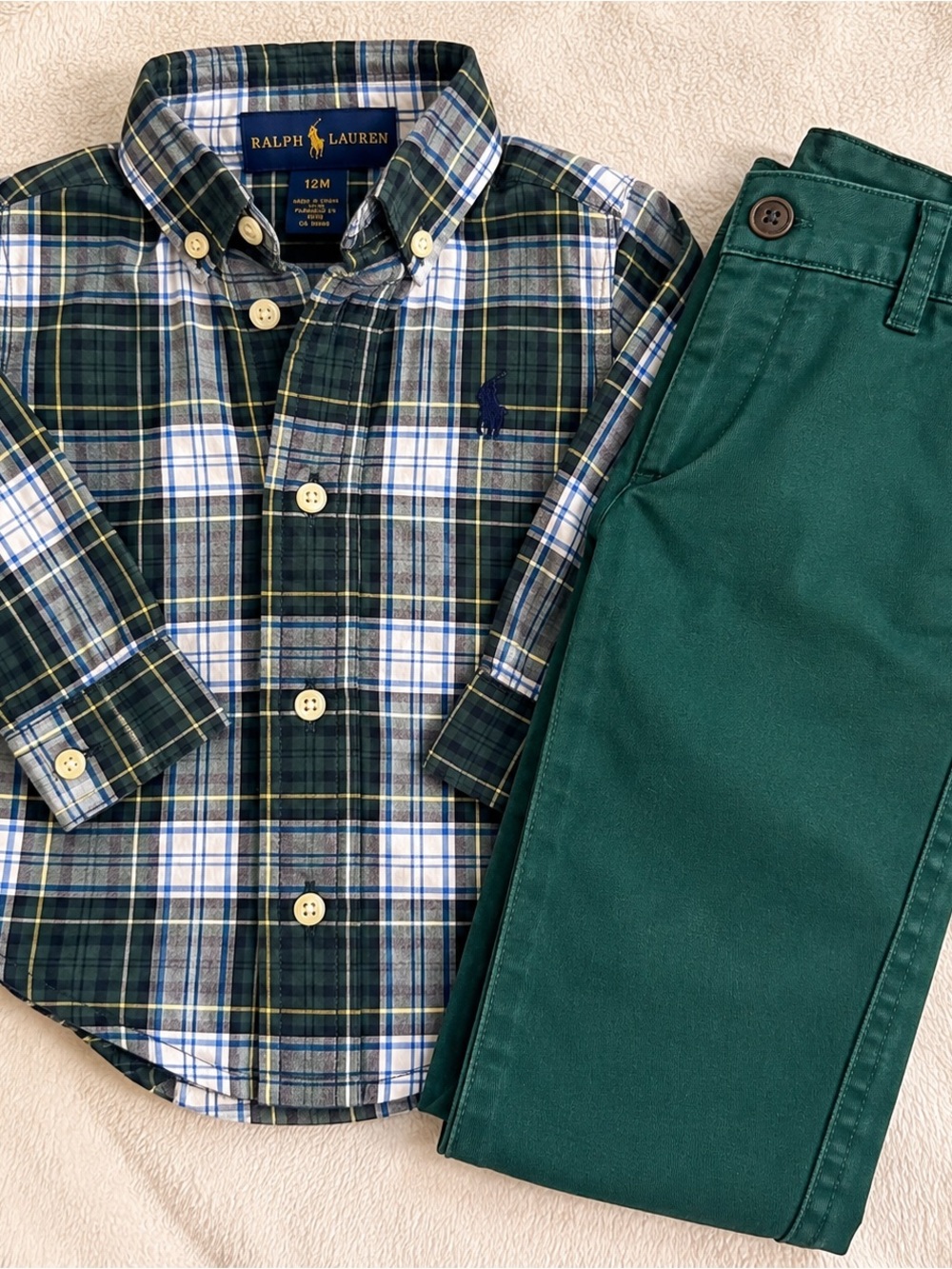 Ralph Lauren 12M Baby Boy 2-Piece Outfit Set | Green Plaid Button Down + Pants
